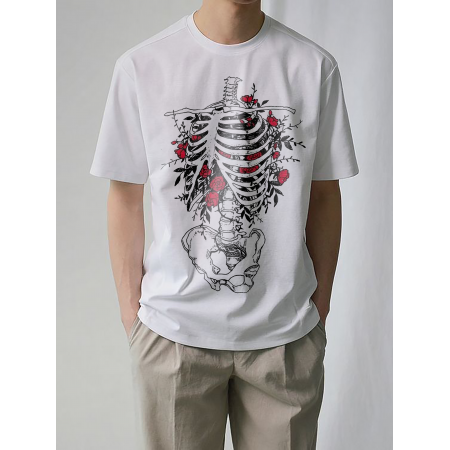 Tricou din bumbac Skeleton și trandafiri roșii